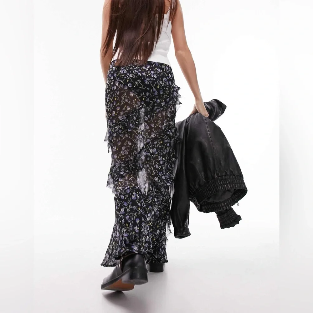 Topshop Black and Blue Floral Maxi Skirt